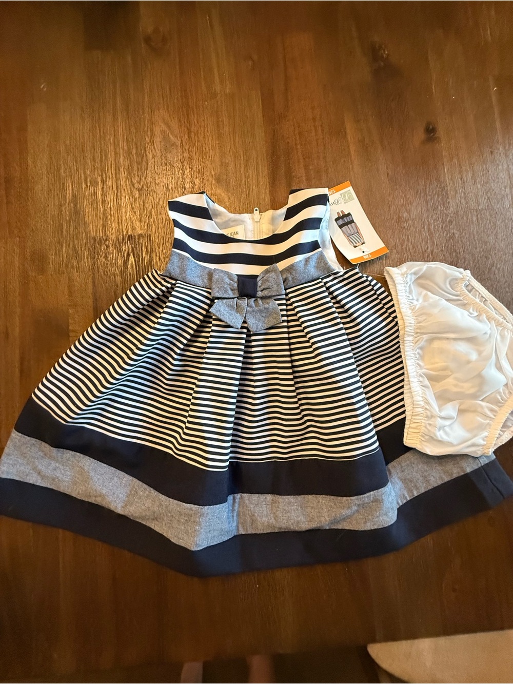 NWT 12 mo Bonnie Jean Navy, White & Gray Striped Bow Dress with Bloomer